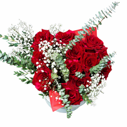 Mazzo di rose, gipsofila e eucalipto